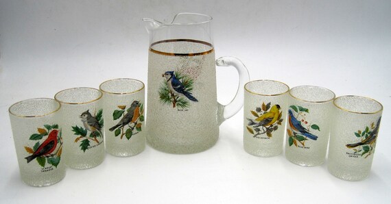 West Virginia Glass "song Birds" Frosted Textured .75 Qt Pitcher With Ice  Block Spout and (6) 8 Oz Gold Rimmed Glasses - Etsy