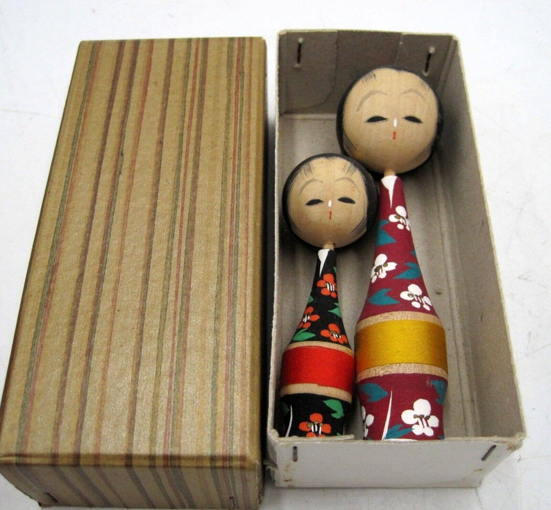 Set 2 Vintage Japanese Wooden Dolls Hand Painted Carved Wood Japan