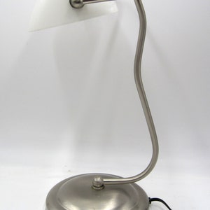 Vintage Bankers Lamp White Shade Desk Brushed Nickel & Glass Table Light Round Base