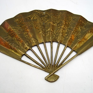Vintage Brass Phoenix Fan, Dragon Fan, Phoenix Rising Fan, Chinese Brass, Oriental Decor, Asian Decor, Asian Bird Decor, Decorative Wall Fan