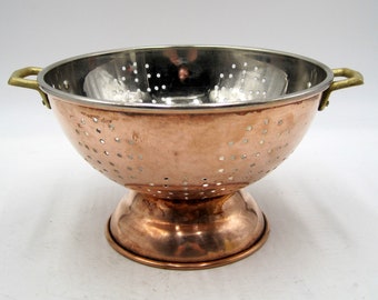 Vintage Rustic Kitchen Copper Colander Strainer KOREA Tin Brass 9"