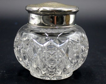 Vintage Powder Jar Silver Plated Lidded Cut Glass Crystal Dresser Vanity Hair