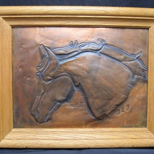 Vintage Copper Plated Embossed Horses Hanging Relief Framed Wall Art Plaque