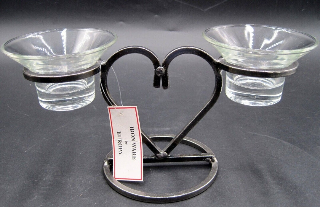 Vintage Danish Wrought Iron Heart Candle Holder W/ Original Glass Cups