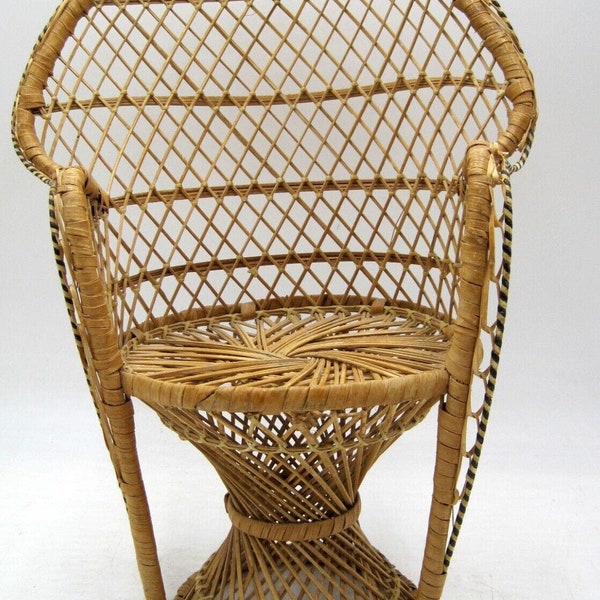 Vintage Mini Peacock Wicker Fan Back Rattan Chair 15" Doll Plant Stand Boho