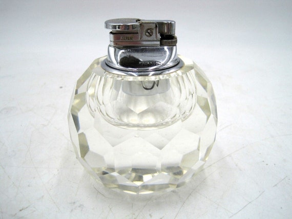 Large Mid Century Modern Faceted Hexagonal Heavy Crystal Cigarette Lighter 