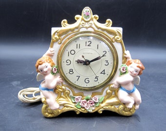 Vintage Lanshire Self Starting Old PORCELAIN / CERAMIC Cherub Mantel Clock Electric