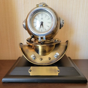 Vintage Divers Helmet Clock W/Wood Base Brass & Chrome