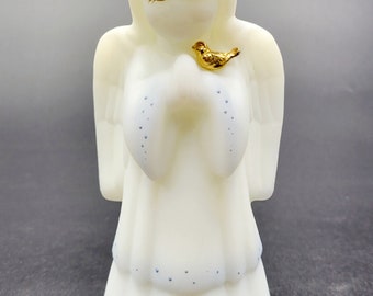Fenton Glass Ivory Satin Angel w/Bird Hand Painted Signed A. Meeks