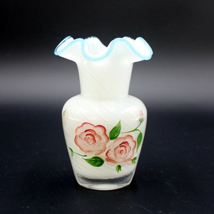 Fenton Vintage Blue Crest Ruffle With White Swirl & Painted Flowers Vase