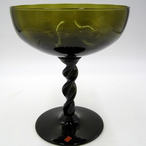 Vintage EMPOLI Olive Green Glass Scalloped Twisted Stem Pedestal Compote Dish Bowl MCM
