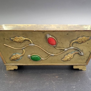 Antique Brass Chinese Planter with Gemstones Global Asian Decor Chinoiserie Jewel Mantel Decor 6"