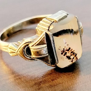 Antique Sterling SIlver & 10K Gold Picture Agate Ring Dendritic  Size 6