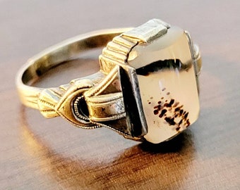 Antique Sterling SIlver & 10K Gold Picture Agate Ring Dendritic  Size 6
