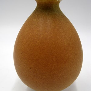 May include: A small, round, brown ceramic vase with a blue rim. The vase has a textured surface.