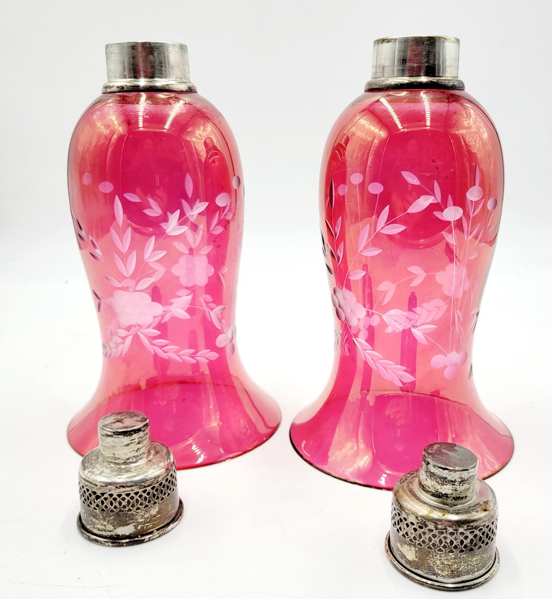 Vintage Sterling Silver Cranberry Glass Candle Holders SHADES