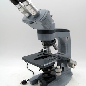 May include: A gray and silver microscope with two eyepieces and a stage for slides. The microscope has a black cord and a knob for adjusting the focus.