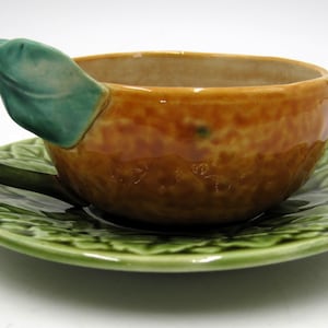 Antique Sarreguemines France Tea Cup and Saucer Orange Twig & Leaf Handle Majolica