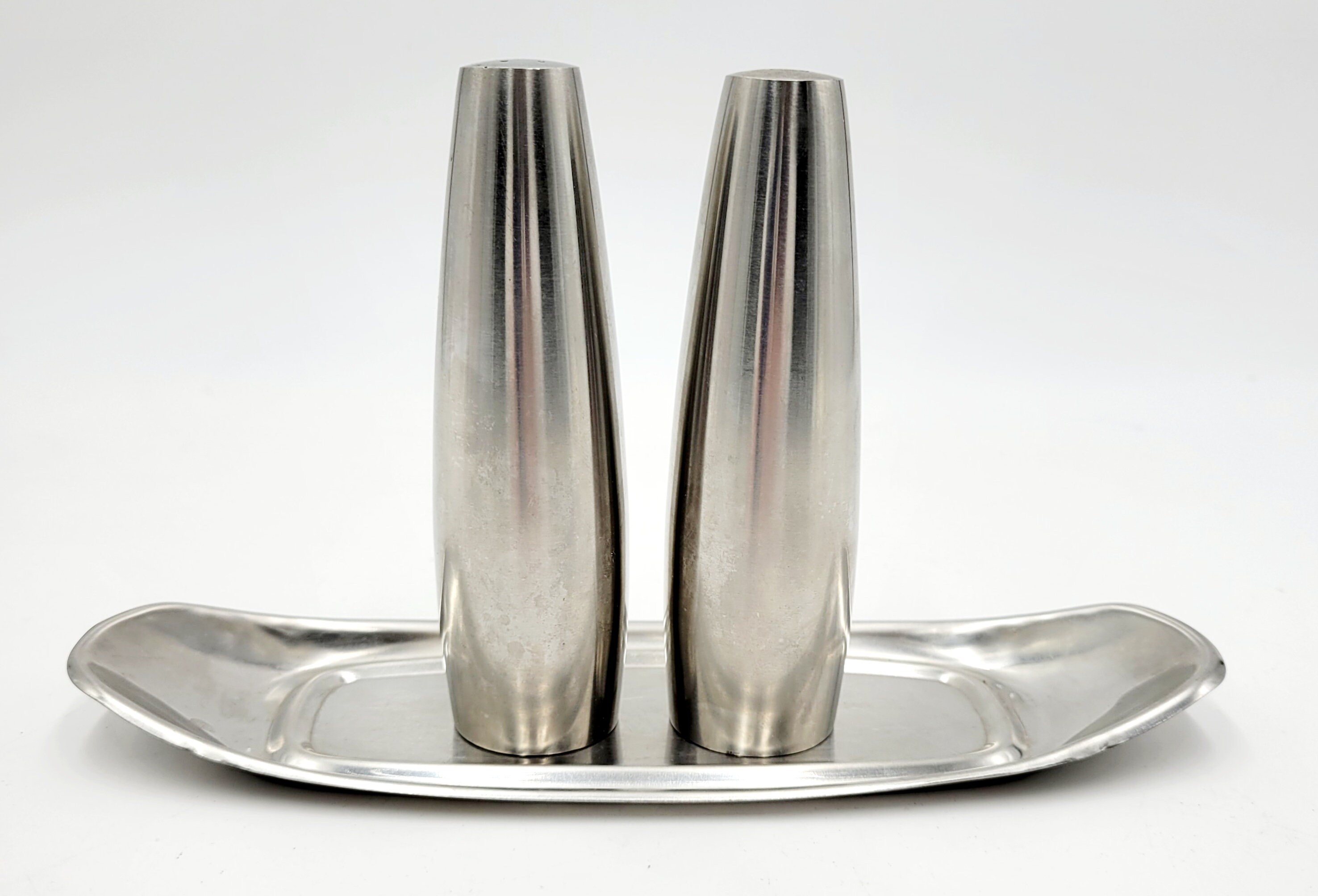 Vtg Danish Modern Brushed Steel Salt & Pepper Shakers by JHQ for