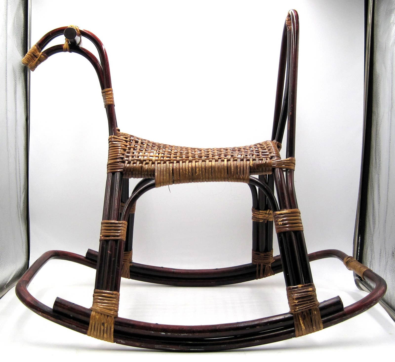 Aged Mid Century Modern Franco Albini Style Rattan Bamboo Rocking Horse