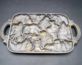 John Wright 1984 Cast Iron Zoo Animal Puzzle Cookie Baking Mold - Vintage