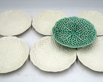 SET 7 Vintage Early Stangl Pottery White/Green Cabbage Leaf 6” Appetizer Dessert Plate Bread Butter