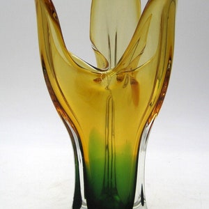 Vintage Japanese IWATSU HINERI Amber Green Art Glass Trilobate Vase - 11.5&quot;