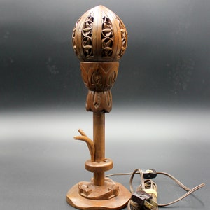 Wooden lamp, Hand carved folding lotus flower light, 1950s reclaimed lighting