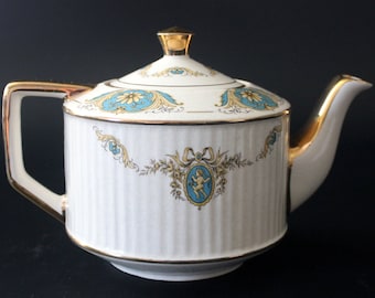 1930&#39;s Vintage Sadler Cupid Blue Cameo Yellow Flowers Teapot England Gold Trim Porcelain Fine Bone China