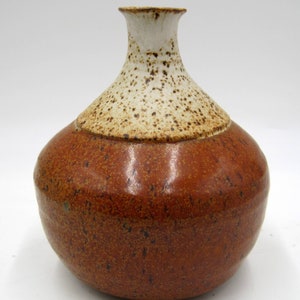 May include: A brown and white ceramic vase with a speckled glaze. The vase has a wide base and a narrow neck.