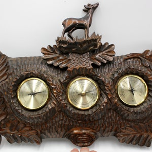 Vintage Hand Carved Stag Deer Buck Wood Barometer & Thermometer Hygrometer Black Forest Germany Carving Weather Station