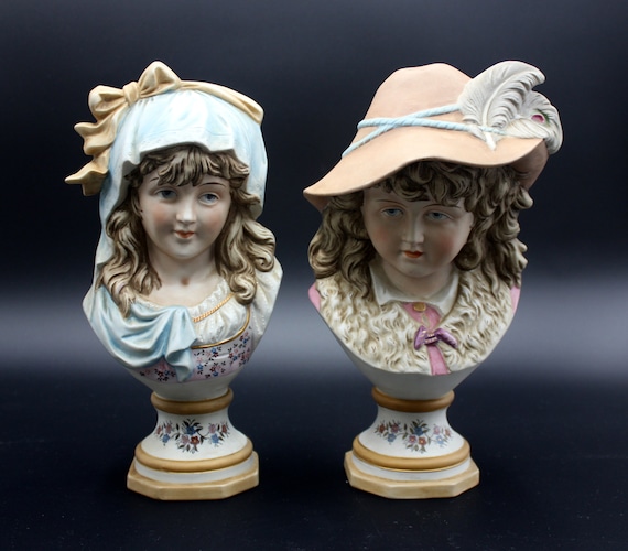 Spectacular Early Pair of 10-3/4 In. Victorian Era Bust Porcelain Figures  of Young Lady and Gentleman 