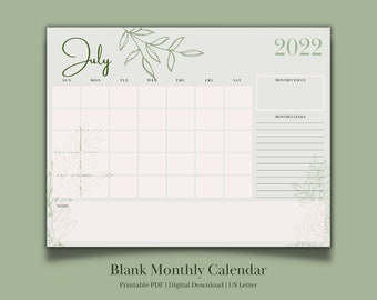 2022 Monthly Calendar, Horizontal Printable Calendar Pages, 11 x 8.5, Digital Download, PDF Printable, Simple Design