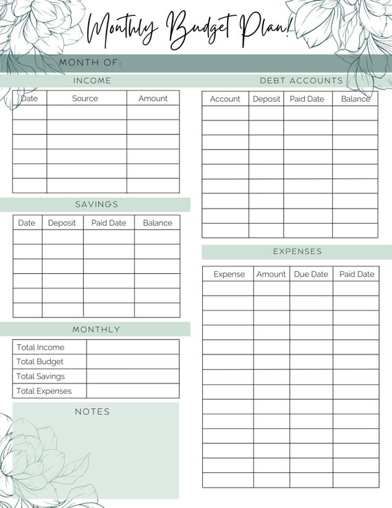 Printable Monthly Budget Planner - Etsy