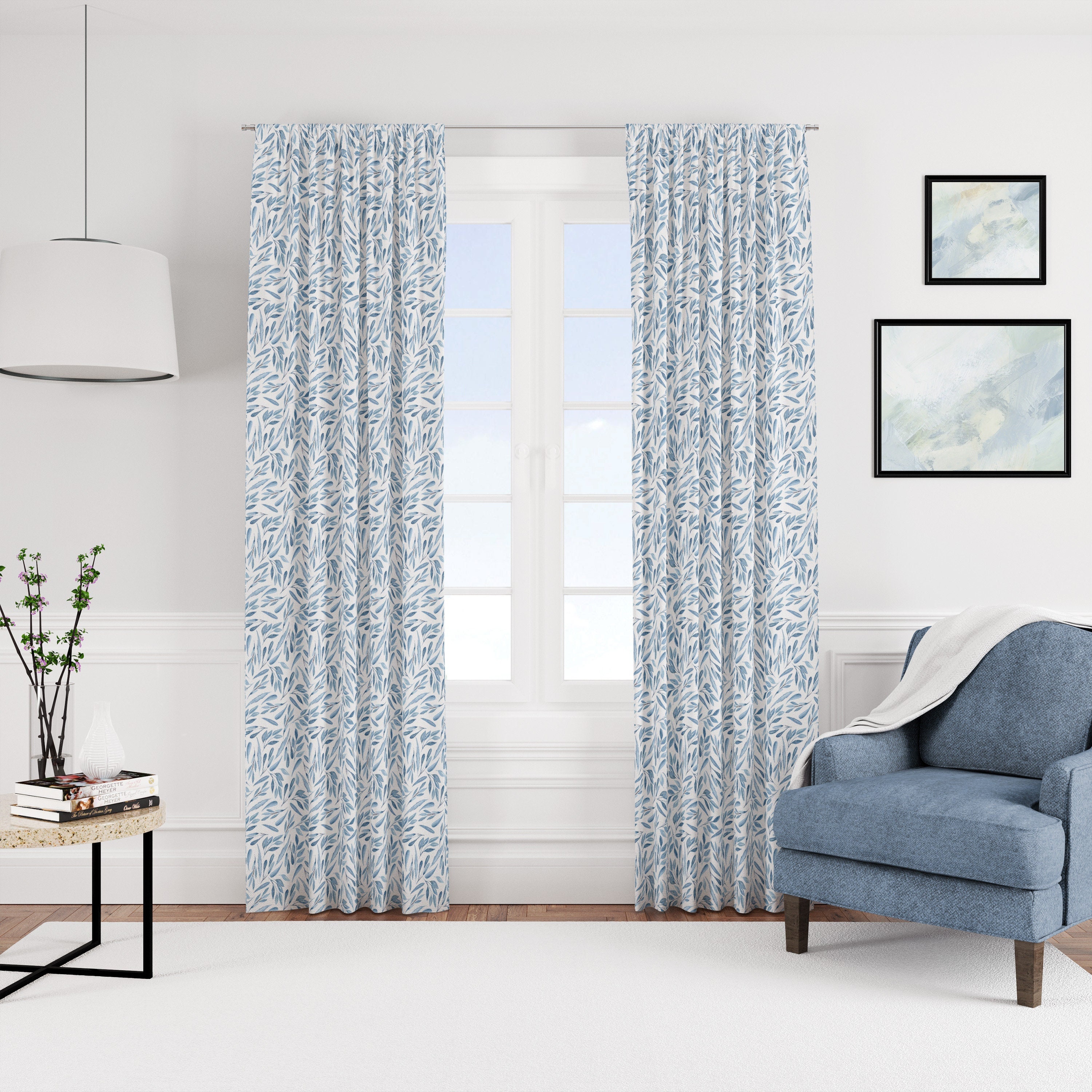 Navy Blue White Leaf Pattern Drapes Blackout Curtains for Sale