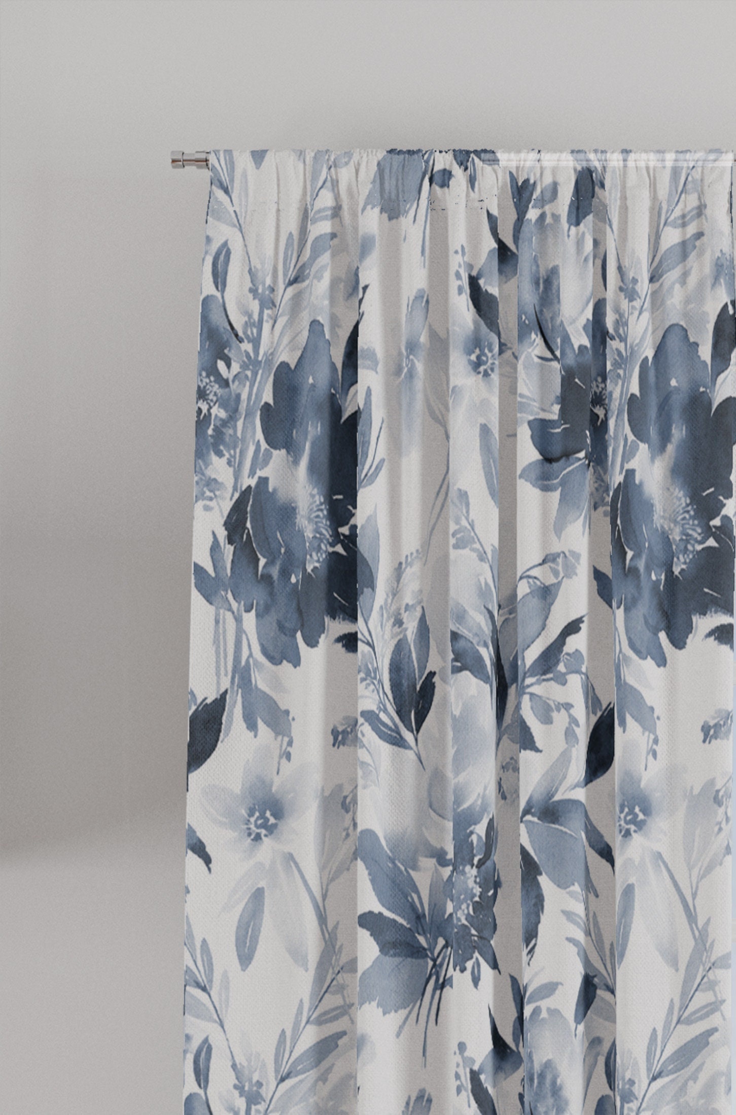Indigo Watercolor Floral Curtain, Single Panel Curtain, Blue Floral
