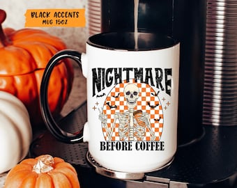Halloween Nightmare Before Coffee Two-Tone Coffee Mug 15oz 5 Colors, Retro Halloween Large Coffee Mug, Halloween Skull Mug