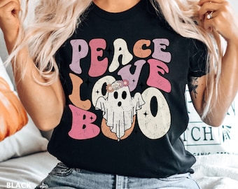 Peace Love Halloween Retro Spooky Shirt, Trendy Halloween T-shirt, Spooky Season Groovy Shirt, Ghost Peace Shirt, Hippie Halloween Shirt
