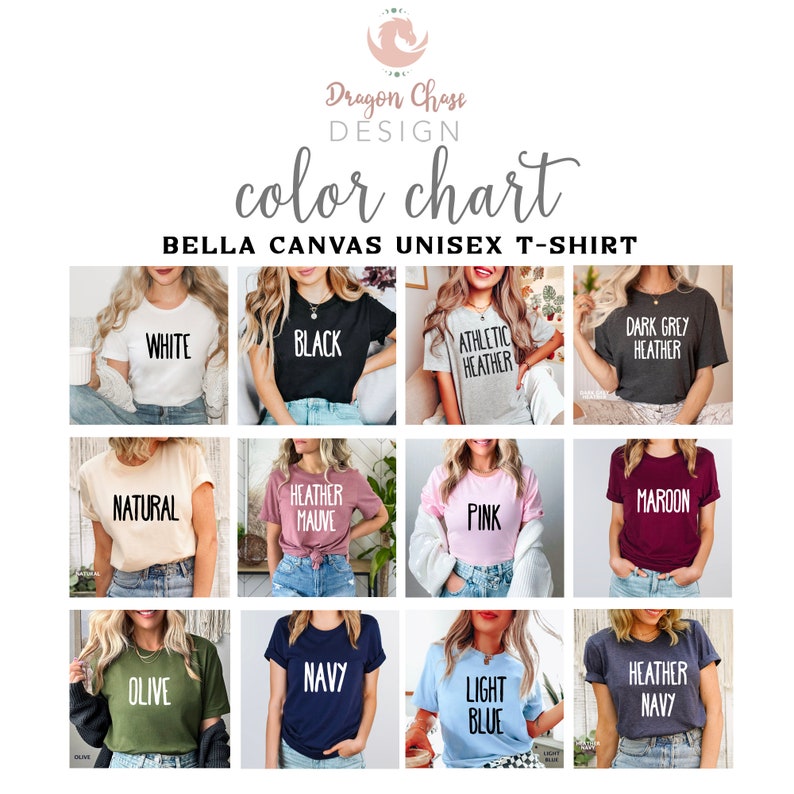 May include: Color chart for Bella Canvas unisex t-shirts.  The chart shows 12 different colors, including white, black, athletic heather, dark grey heather, natural, heather mauve, pink, maroon, olive, navy, light blue, and heather navy.
