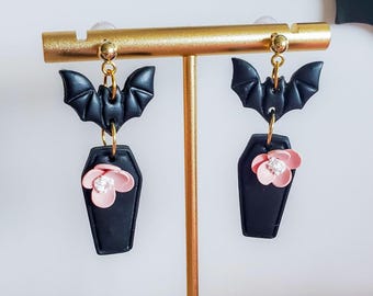 Handmade Halloween Bat & Coffin Earrings: Polymer Clay Vampire Jewelry