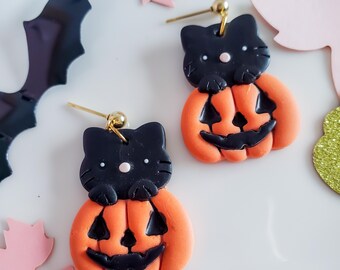 Handmade Black Cat Pumpkin Earrings: Spooky Halloween Jewelry