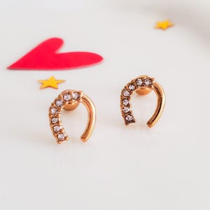 May include: A pair of horseshoe-shaped stud earrings. The earrings are gold-toned and encrusted with small, clear crystals. The earrings are displayed on a white surface with a red heart and yellow star decorations.