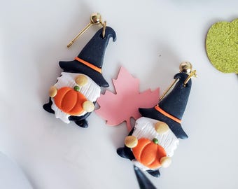 Halloween Witch Gnome Dangle Earrings| Halloween Pumpkin Polymer Clay Jewelry