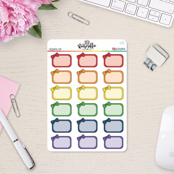 Corner Bow Stitched Half Box Vinyl Planner Stickers - Rainbow - S415