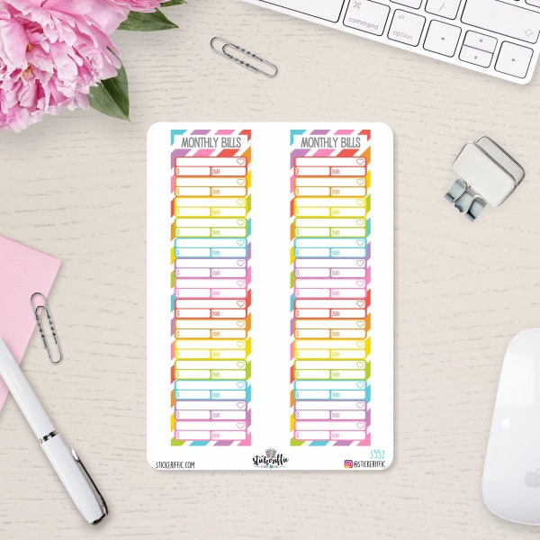 Monthly Bills Due Rainbow Sidebar Tracker Vinyl Planner Stickers 2 Large Stickers - S552