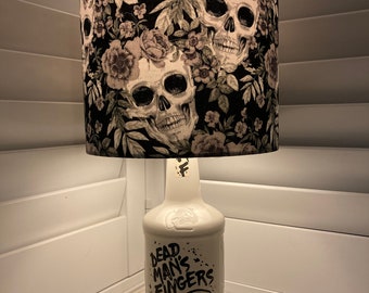 Upcycled Dead Man’s Fingers rum bottle lamp and Skull lampshade, Halloween, Gothic,
