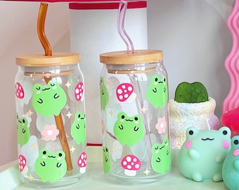 16oz Frog Glass Cup Set, frog gift, chubby frog, gift for frog lover, hand wash only
