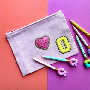 Bright Pink Heart Personalized Pencil Case with Initial - Monogram Custom Initial Zipper Pouch - Cute Kids Gift