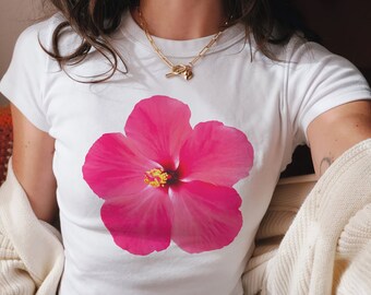 Pink Hibiscus Graphic Baby Tee, Tropical Flower Baby Tee ,Vintage Y2k Baby Tee , 90s Style Clothing ,Y2K Clothing , Coconut Girl Aesthetic