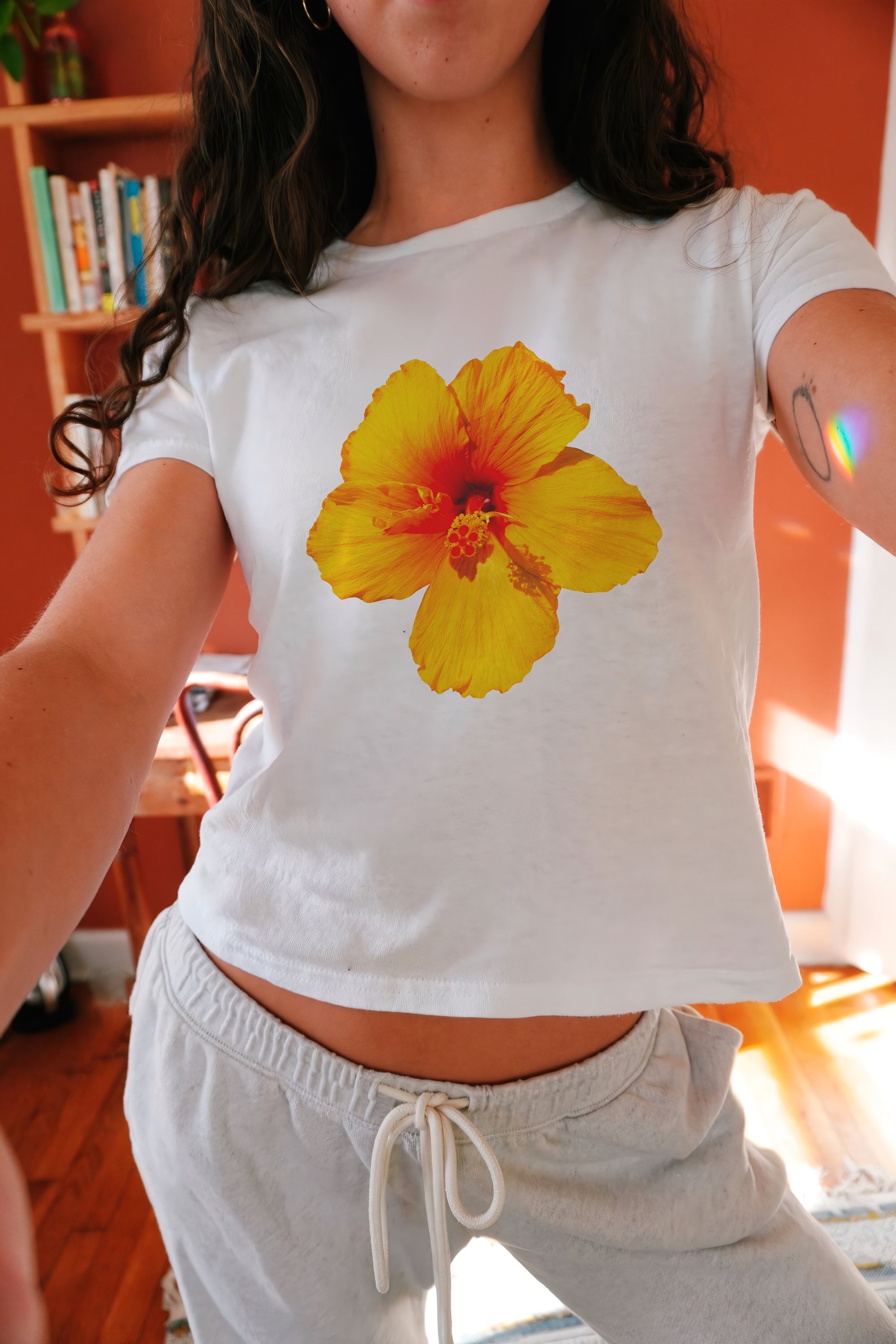 Yellow Hibiscus Graphic Baby Tee, Tropical Flower Baby Tee